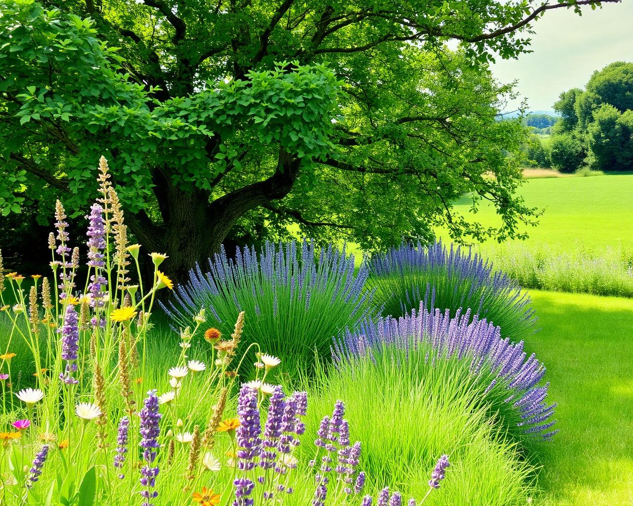 Tuin met lavendel en wilde bloemen